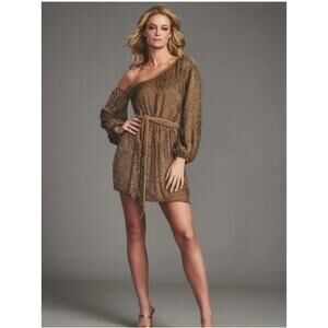 Retrofete Giselle Tie Waist Mini Dress Taupe Bronze Beaded Sequins Heavy XXL